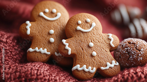 Smiling gingerbread man and woman on a knitted blanket. Merry Christmas winter holiday Festive