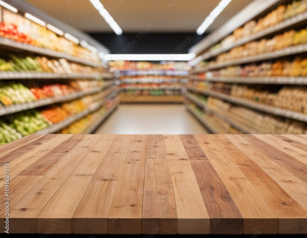 Empty wood table top with supermarket blurred background for product display Empty wood table top with supermarket blurred background for product display