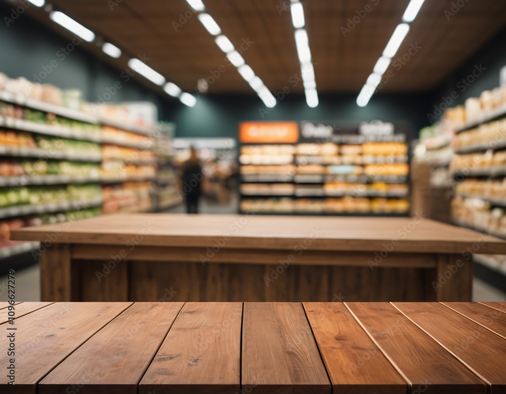 Empty wood table top with supermarket blurred background for product display Empty wood table top with supermarket blurred background for product display