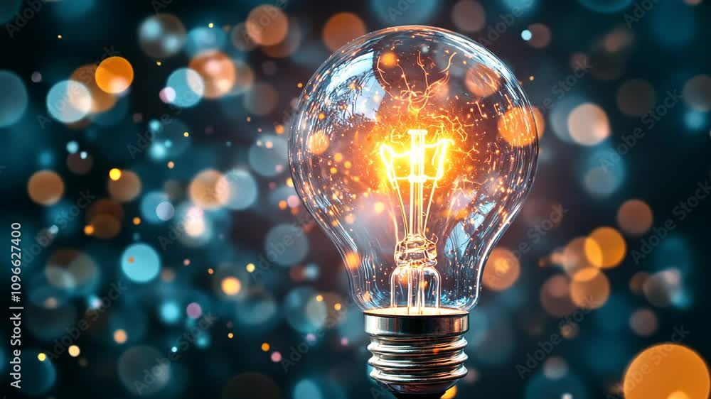 Bright light bulb glowing with sparkling bokeh effects in a colorful background during a creative lighting display