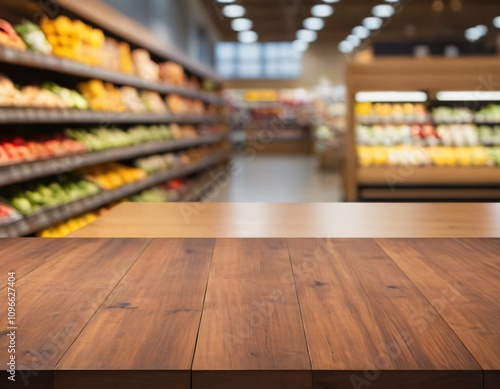 Empty wood table top with supermarket blurred background for product display