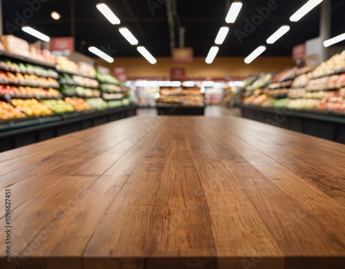 Empty wood table top with supermarket blurred background for product display
