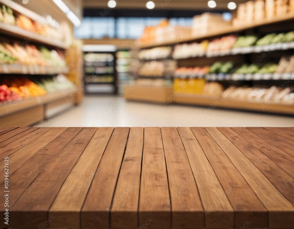 Empty wood table top with supermarket blurred background for product display Empty wood table top with supermarket blurred background for product display
