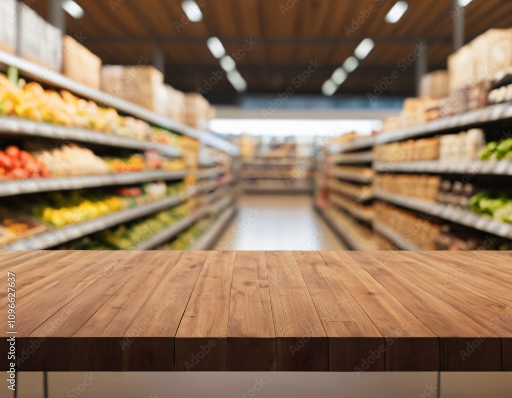 Empty wood table top with supermarket blurred background for product display Empty wood table top with supermarket blurred background for product display