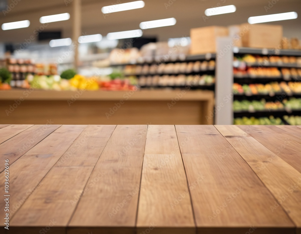 Empty wood table top with supermarket blurred background for product display Empty wood table top with supermarket blurred background for product display