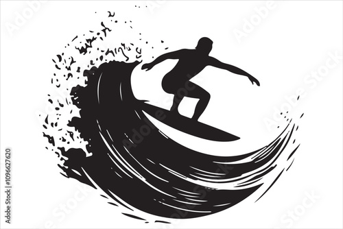 Silhouette of a Surfer Riding a Wave on a Surfboard
