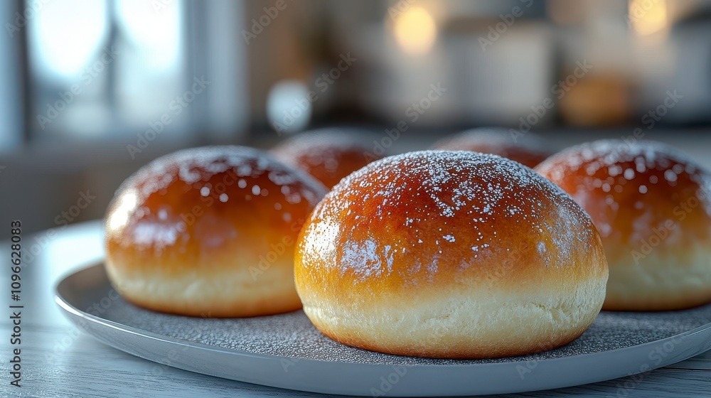 Close-up of Deliciously Baked Sweet Rolls with Powdered Sugar Coating. A Perfect Treat for Any Occasion Close-up of Deliciously Baked Sweet Rolls with Powdered Sugar Coating. A Perfect Treat for Any Occasion