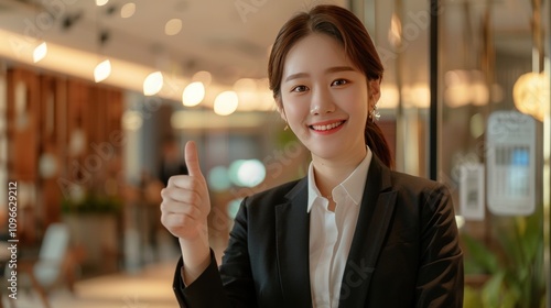 Smiling young businesswoman giving two thumbs up in a formal suit, standing in a bright and professional office environment.