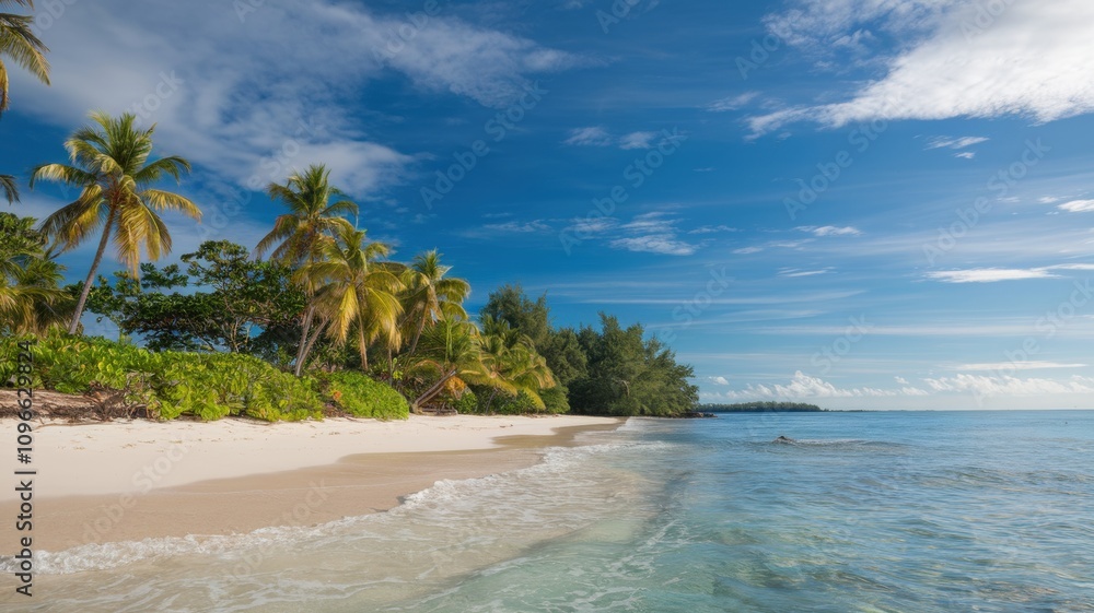 Serene beach with soft white sand, calm turquoise water, and a peaceful sky during a tranquil day by the sea. Serene beach with soft white sand, calm turquoise water, and a peaceful sky during a tranquil day by the sea.