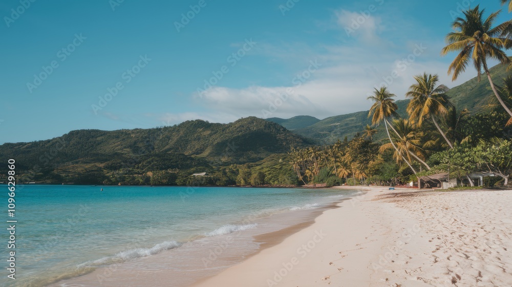 Serene beach with soft white sand, calm turquoise water, and a peaceful sky during a tranquil day by the sea.