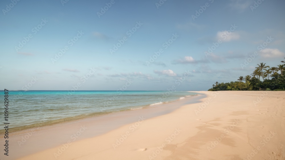 Fototapeta premium Serene beach with soft white sand, calm turquoise water, and a peaceful sky during a tranquil day by the sea.