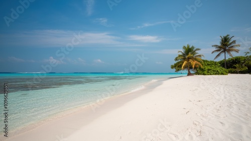 Serene beach with soft white sand, calm turquoise water, and a peaceful sky during a tranquil day by the sea.