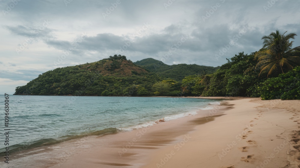 Serene beach with soft white sand, calm turquoise water, and a peaceful sky during a tranquil day by the sea. Serene beach with soft white sand, calm turquoise water, and a peaceful sky during a tranquil day by the sea.