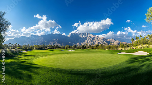 Panoramic View of a Lush Green Golf Course Nestled Against Majestic Mountains Under a Sunny Sky