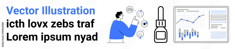 Man pointing at analytical icons, chart with graphs, and bottle symbol. Ideal for business, analysis, data presentation, statistics, research, marketing, and financial reports. Landing page Man pointing at analytical icons, chart with graphs, and bottle symbol. Ideal for business, analysis, data presentation, statistics, research, marketing, and financial reports. Landing page