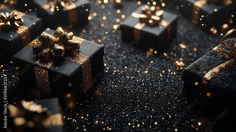 Luxury Black Gold Gift Boxes on Glitter Background Luxury Black Gold Gift Boxes on Glitter Background