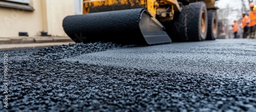 A road construction scene with an asphalt roller laying down fresh pavement.