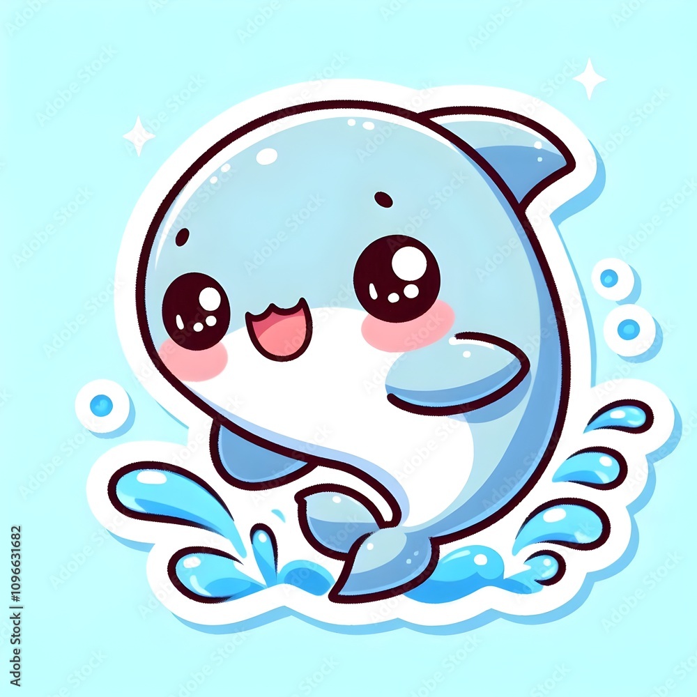 Kawaii Dolphin Sticker with Big Eyes and Splashing Water Drops on a Pastel Background Kawaii Dolphin Sticker with Big Eyes and Splashing Water Drops on a Pastel Background