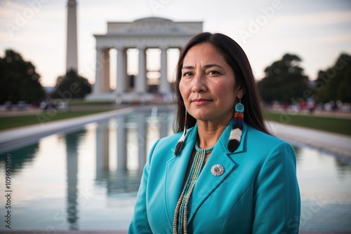 Native American Woman in Traditional Attire by Reflecting Pool 