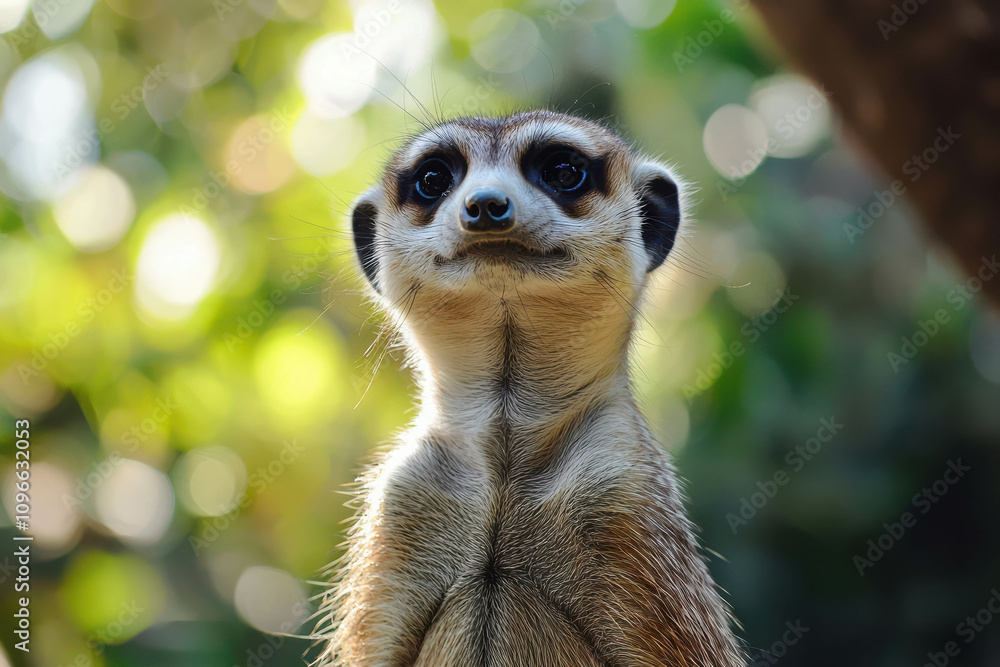 Curious Meerkat Standing Upright in Natural Habitat with Green Blurred Background Curious Meerkat Standing Upright in Natural Habitat with Green Blurred Background