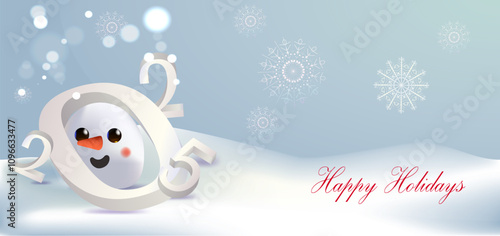 Snowman in snowdrifts and numbers 2025
 Greeting card design template, banner design template