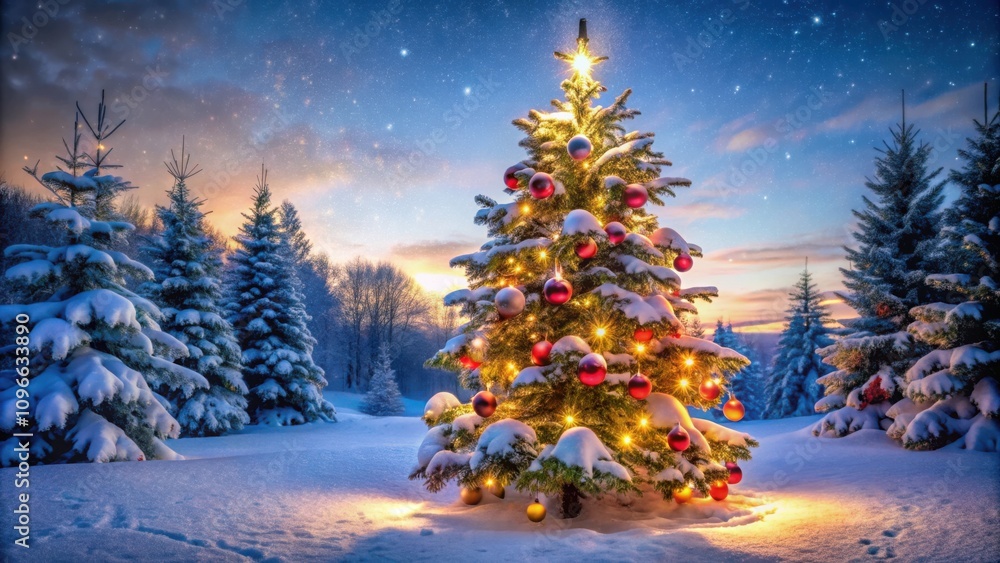 A Decorated Christmas Tree Stands Proudly Amidst a Snowy Forest at Twilight, Illuminated by Fairy Lights and a Starry Sky A Decorated Christmas Tree Stands Proudly Amidst a Snowy Forest at Twilight, Illuminated by Fairy Lights and a Starry Sky