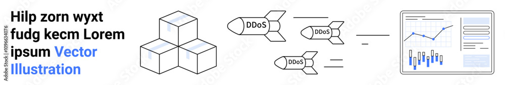 Three cubes, text in black and blue, missiles labeled DDoS, data graph with charts and analytics. Ideal for cybersecurity, network protection, data analysis, threat management, server security, IT