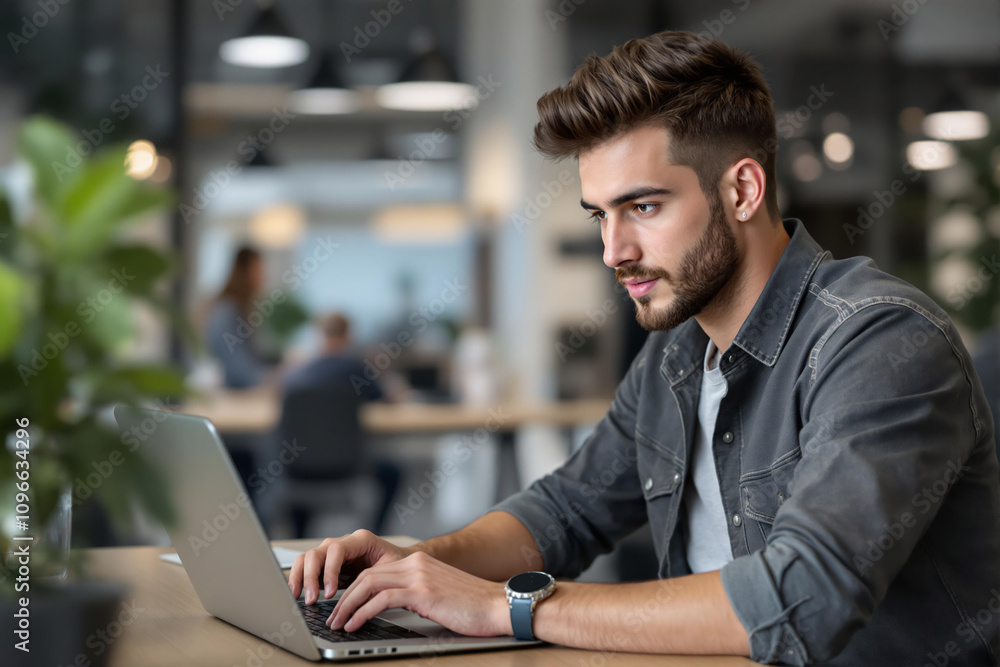 Young man using laptop, modern office setting, focused employee working on computer, professional workplace environment, casual office attire, productivity and technology, digital business tools. Young man using laptop, modern office setting, focused employee working on computer, professional workplace environment, casual office attire, productivity and technology, digital business tools.