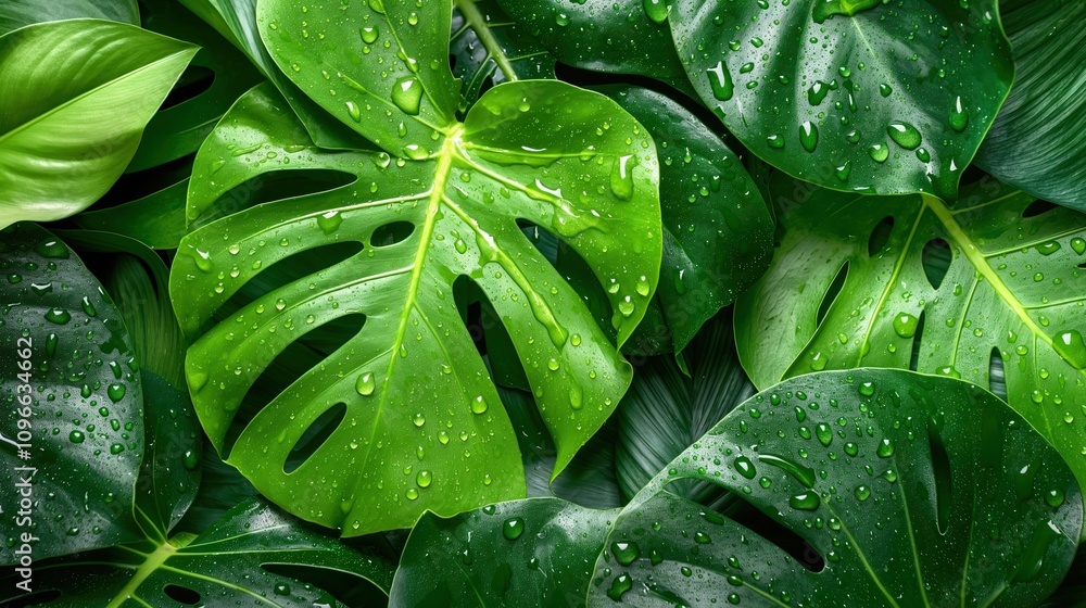 Bright Monstera Leaves with Drops Bright Monstera Leaves with Drops