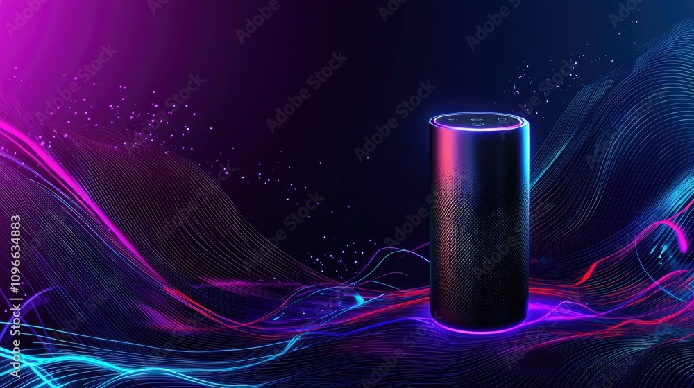 A sleek, modern speaker stands against a vibrant, colorful backdrop of flowing waves and light patterns, evoking a futuristic, high-tech vibe. A sleek, modern speaker stands against a vibrant, colorful backdrop of flowing waves and light patterns, evoking a futuristic, high-tech vibe.