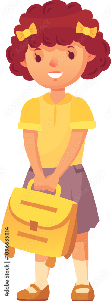 Naklejka premium Happy schoolgirl with curly red hair, yellow shirt and gray skirt, holding her yellow satchel and smiling, ready for her first day of school