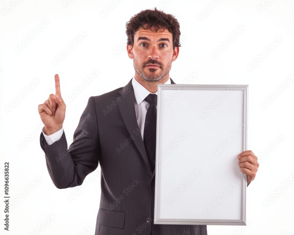 Professional businessman presenting a blank sign office setting portrait image neutral background focus on communication concept Professional businessman presenting a blank sign office setting portrait image neutral background focus on communication concept