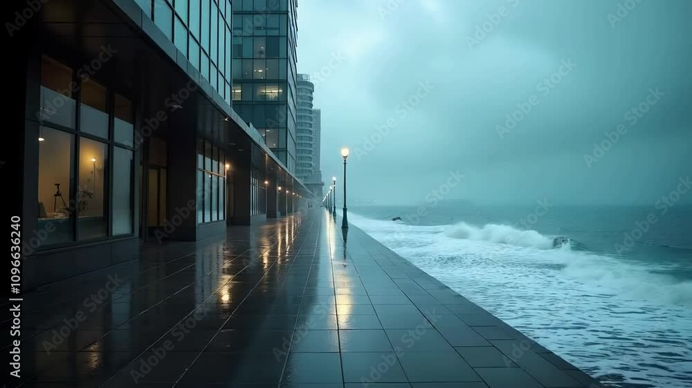 A stormy sea next to the boardwalk promenade of residential apartment buildings A stormy sea next to the boardwalk promenade of residential apartment buildings