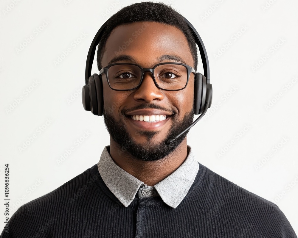 Professional customer support agent smiling in modern office space headset and glasses portrait engaging communication concept Professional customer support agent smiling in modern office space headset and glasses portrait engaging communication concept