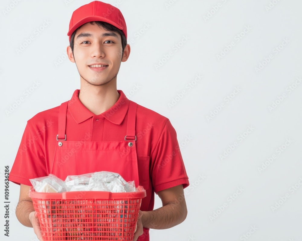 Delivery service employee holding food basket urban setting business portrait bright environment friendly perspective for customer engagement Delivery service employee holding food basket urban setting business portrait bright environment friendly perspective for customer engagement