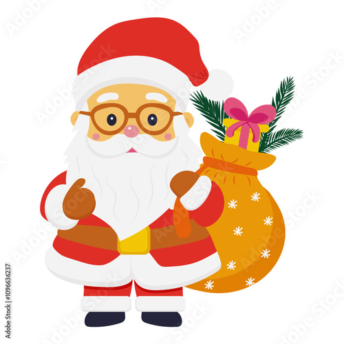 Santa Claus cartoon wearing glasses, a red suit, and holding a sack filled with gifts, decorated with a festive design.