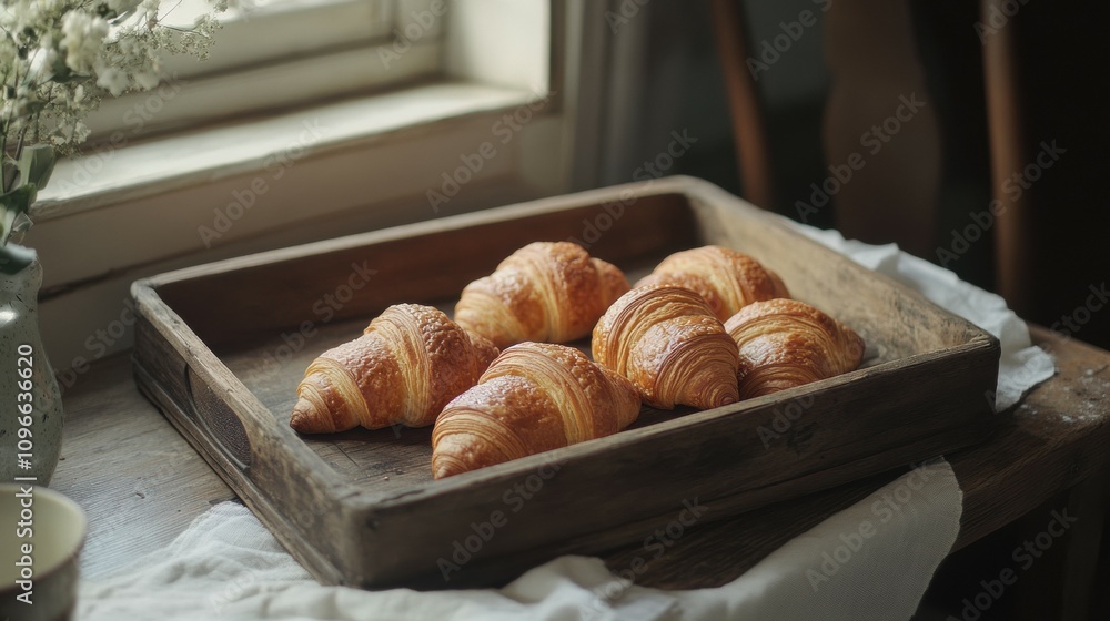Savoring freshly baked croissants on a rustic wooden tray a culinary delight in a cozy kitchen setting Savoring freshly baked croissants on a rustic wooden tray a culinary delight in a cozy kitchen setting