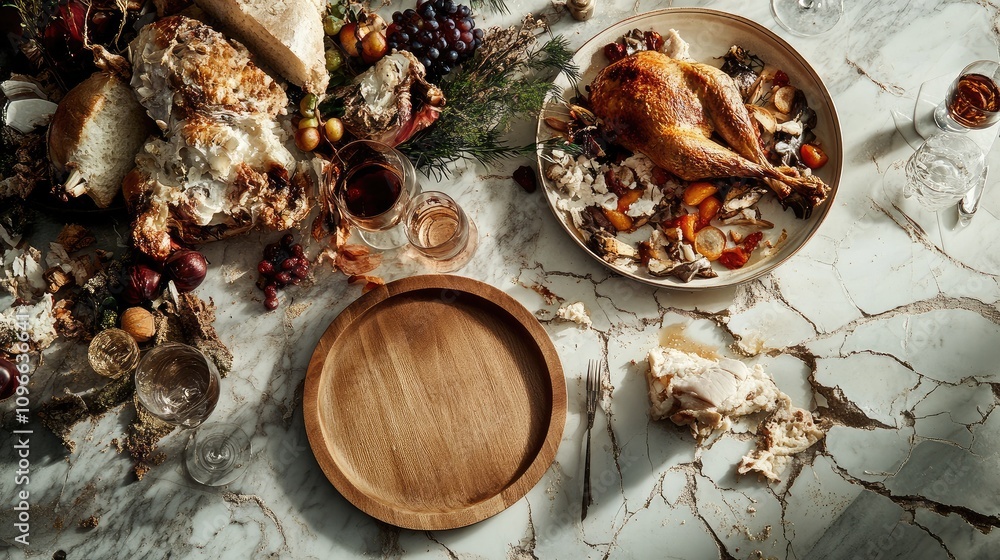 Fototapeta premium Festive Table Setting with Roast Turkey, Fresh Fruits, and Rustic Decor for a Thanksgiving Celebration