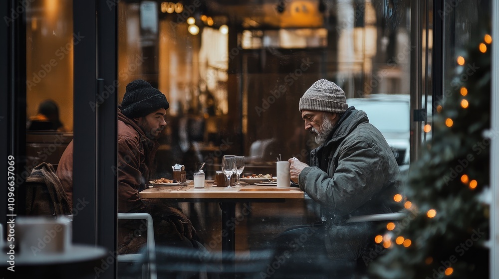 Two men sitting at a cafe table enjoying a meal and drinks during the evening hours, with warm ambient lights reflecting a cozy atmosphere in a city setting Two men sitting at a cafe table enjoying a meal and drinks during the evening hours, with warm ambient lights reflecting a cozy atmosphere in a city setting