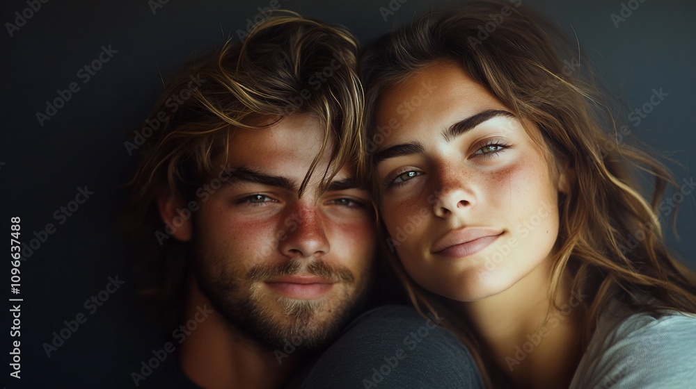 Close-up portrait of a young attractive couple. Close-up portrait of a young attractive couple.
