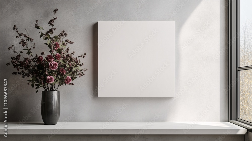 Blank canvas frame mock up on wall with roses in vase nearby window decoration. Concept of Gallery or Exhibition