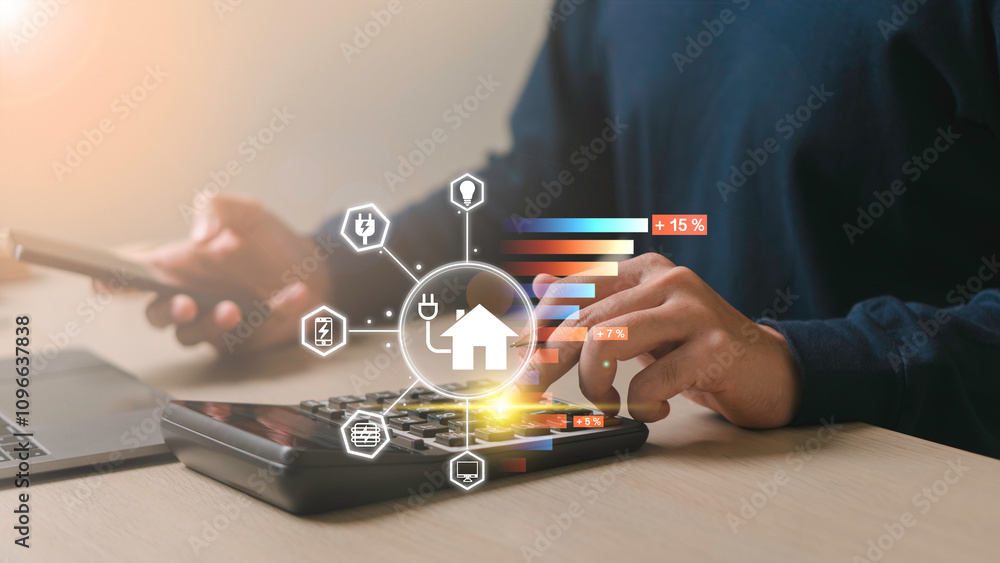 energy management and efficiency, home energy consumption analysis and solutions to reduce costs. illustrates rising electricity expenses, management to address increasing household energy bills.