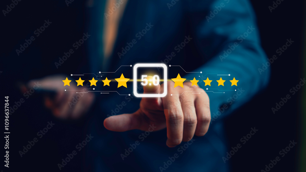 A person giving a 5-star rating by touching a virtual interface, representing customer satisfaction, quality feedback, and online reviews in digital services.