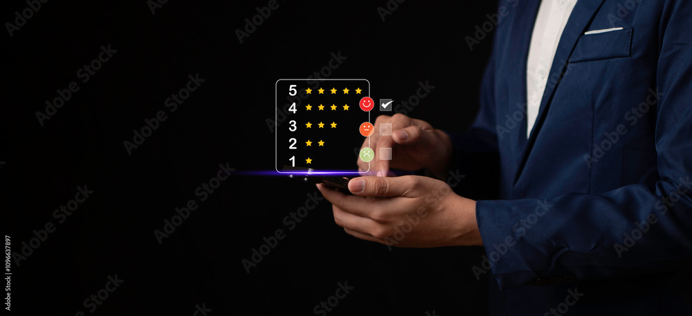Businessman using a smartphone to provide feedback with a 5-star scale and emoji options, representing customer evaluation and digital interaction.