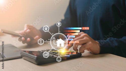 Obraz na płótnie energy management and efficiency, home energy consumption analysis and solutions to reduce costs. illustrates rising electricity expenses, management to address increasing household energy bills. w salonie