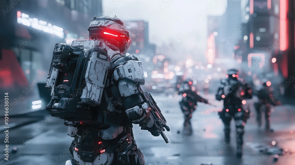 Futuristic soldiers in a dystopian cityscape, ready for combat amidst destruction. Futuristic soldiers in a dystopian cityscape, ready for combat amidst destruction.