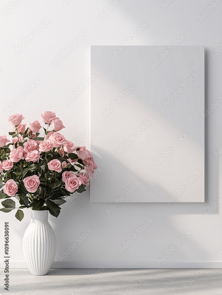 Blank wooden photo frame mockup on white wall with pink roses in vase decoration. Concept of Minimal design Blank wooden photo frame mockup on white wall with pink roses in vase decoration. Concept of Minimal design