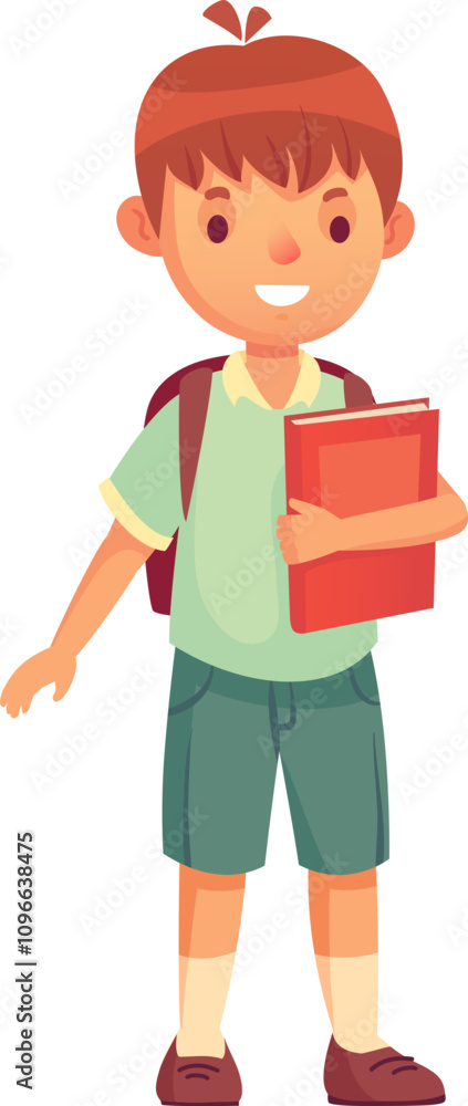 Cheerful schoolboy holding a book and wearing a backpack is ready for his first day of school, eager to learn and make new friends Cheerful schoolboy holding a book and wearing a backpack is ready for his first day of school, eager to learn and make new friends