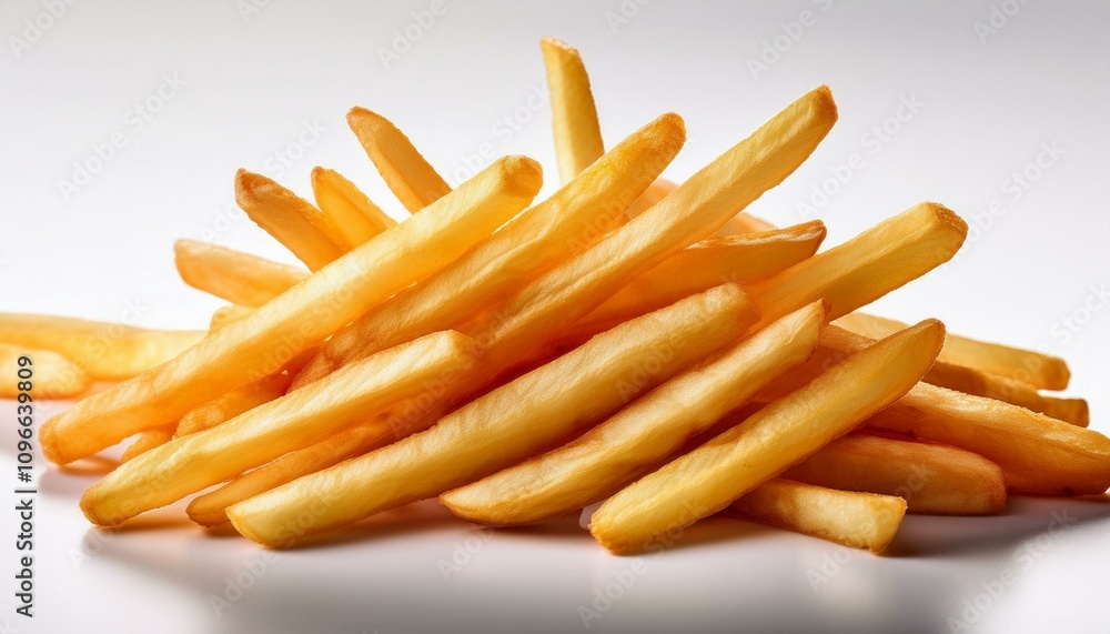 Golden crispy French fries arranged neatly on a white background, perfect for fast food branding and snack promotions Golden crispy French fries arranged neatly on a white background, perfect for fast food branding and snack promotions