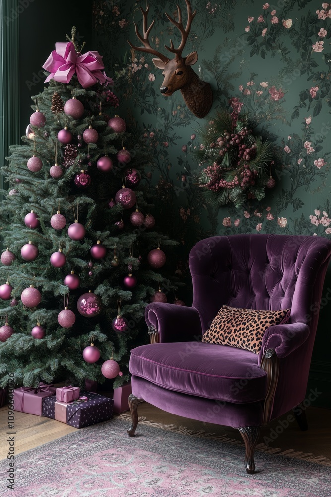 Obraz premium green Christmas tree, pink leopard-print baubles, big pink bow on top of the tree, dark green wallpaper with a deer head decoration on the wall, modern livingroom